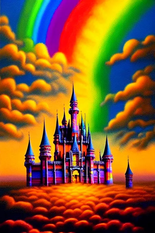 Prompt: a hyperrealistic painting of an epic ornate rainbow castle in the clouds at sunset, cinematic horror by chris cunningham, lisa frank, richard corben, highly detailed, vivid color,