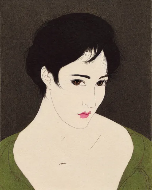 Image similar to a portrait of a young woman with shoulder length black hair, dark eyes, thick eyebrows, slightly chubby, pale skin, pretty, cute, by nakamura asumiko