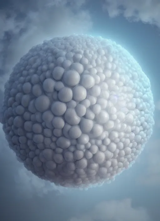 Image similar to a digital painting of a ball surrounded by clouds, an ambient occlusion render by mike winkelmann, cgsociety, fantasy art, fractalism, tesseract, rendered in cinema 4 d