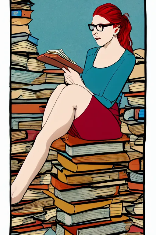 Prompt: a young woman with red hair in a bun and glasses sits cross legged on top of a tall pile of books. she is reading. clean pretty cartoon painting, beautiful detailed face, flat colors with no shading.