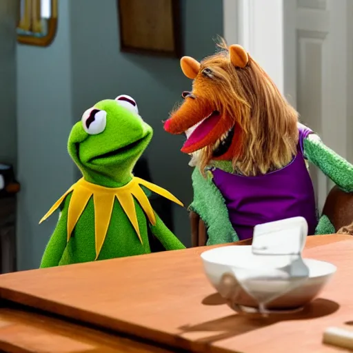 Image similar to kermit the frog and alf laughing on kitchen table. white powder in lines on mirror surface