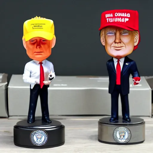 Prompt: fbi agents opening boxes of donald trump bobble heads