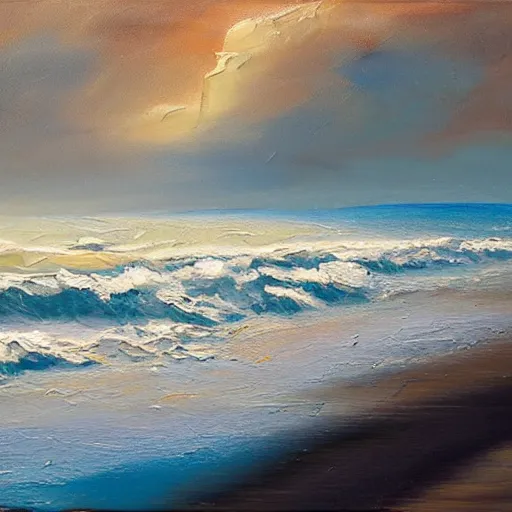 Image similar to thick impasto textured painting of a ocean landscape with beach and shore birds with a storm in the distance