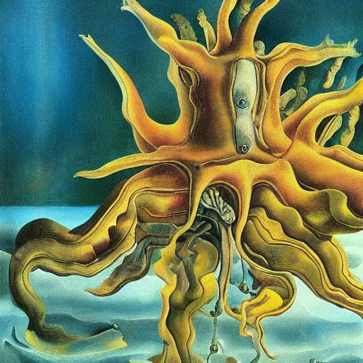 Prompt: deep sea plant life creature, surreal painting, dali style,