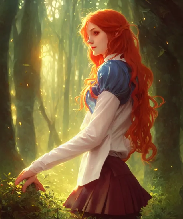 Image similar to portrait cute female, magic school uniform, fantasy forest landscape, dnd fantasy magic, long red hair, cinematic rim light, intricate, elegant, highly detailed, digital painting, artstation, concept art, smooth, sharp focus, illustration, art by artgerm and greg rutkowski and alphonse mucha