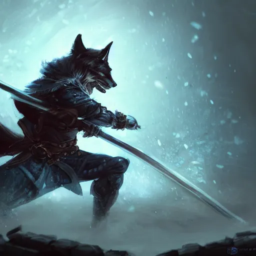 Image similar to anthropomorphic Azure samurai wolf, DnD character art portrait, fantasy battleground, raining, fire, oil painting, heroic pose, magic the gathering artwork, D&D, fantasy, cinematic lighting, centered, symmetrical, highly detailed, digital painting, artstation, concept art, smooth, sharp focus, illustration, volumetric lighting, epic Composition, 8k, art, DeviantArt, trending on Artstation, Jason Felix, Steve Argyle, Tyler Jacobson, Peter Mohrbacher, Akihiko Yoshida, Greg Rutkowski, Craig Mullins, Frank Frazetta, cinematic lighting