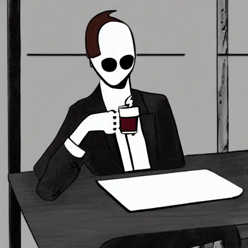 Prompt: Slenderman drinking coffee and working on his laptop in a cafe