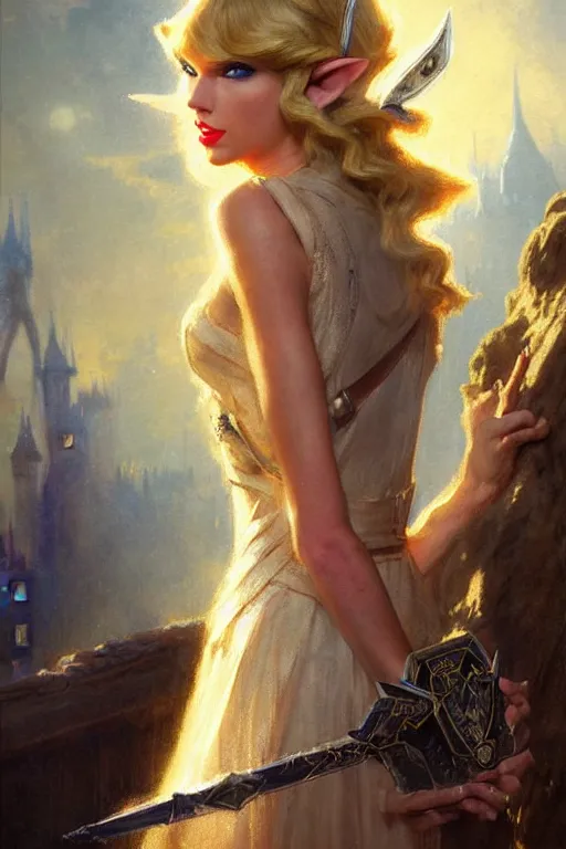 Prompt: taylor swift as princess zelda as a magic the gathering card portrait dnd, painting by gaston bussiere, craig mullins, greg rutkowski, yoji shinkawa