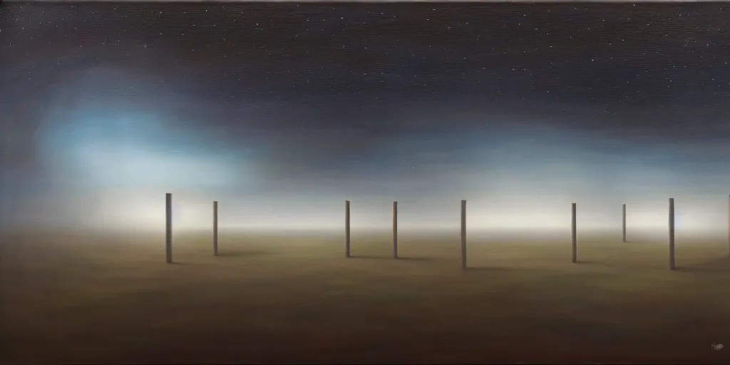 Prompt: Land populated with large cubic pillars of varying heights made out of light wood, night sky, moody lighting, surrealism realism, oil on canvas