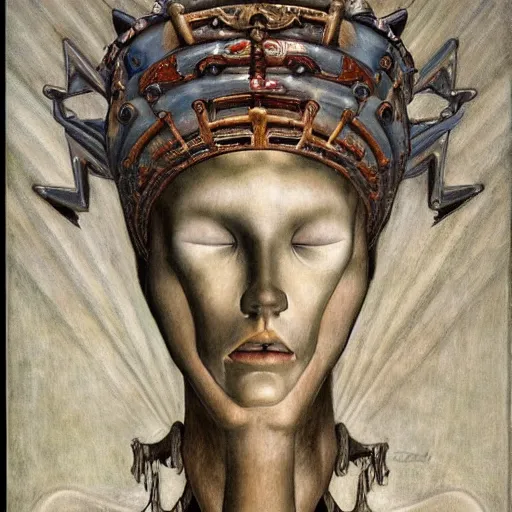 Image similar to weeping robot wearing the bone crown, by Annie Swynnerton and Diego Rivera and Evelyn De Morgan, symbolist, dramatic lighting, elaborate geometric ornament, Jugendstil ,god rays, soft cool colors,smooth, sharp focus, extremely detailed, Adolf Wölfli