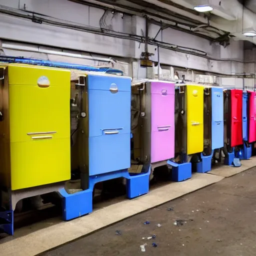 Prompt: a row of technocolored washing machines