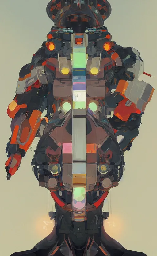 Image similar to upper half portrait of colourful army mecha robot, art by hsiao - ron cheng & alphonse mucha, highly detailed, digital painting, concept art, illustration, smooth sharp focus, intricate, symmetry, blcak background, black backdrop, artstation,