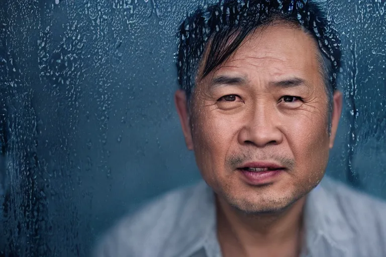 Prompt: a cinematic studio headshot portrait of a middle aged asian man, through a fogged up window, movie still, blue color theme, waves, rain, dramatic lighting, back light, hair light, rim light, 4 k, ultra realistic, by annie leibovitz