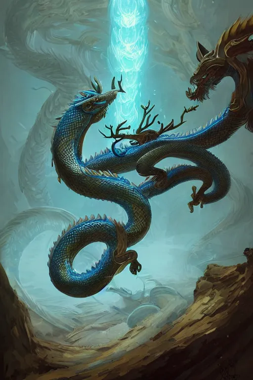 Image similar to cyan chinese dragon - snake - deer hybrid fantasy, intricate, elegant, highly detailed, digital painting, artstation, concept art, matte, sharp focus, illustration by peter mohrbacher justin gerard zhang yu