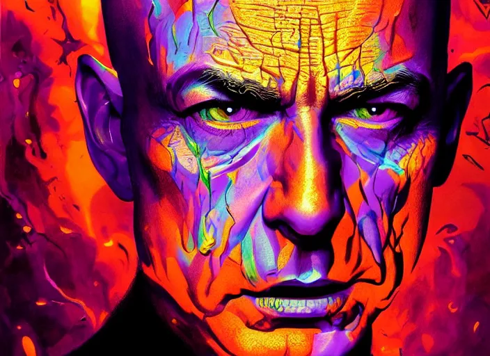Prompt: A psychedelic portrait of evil demonic jeff bezos tears of opaque black ink coming out of eyes, vibrant color scheme, highly detailed, in the style of romanticism, cinematic, artstation, Moebius, Greg rutkowski