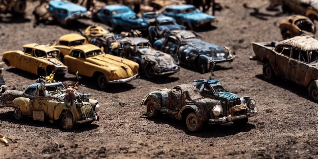 Image similar to needle felt of immortan joe and cars from fury road ( 2 0 1 5 ), tilt shift, action shot, detailed textures, action, dramatic light, god rays