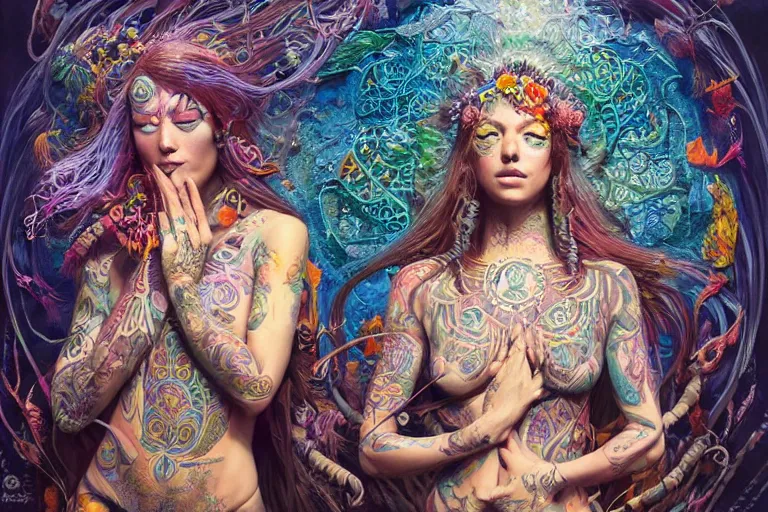 Prompt: a centered full body render of alluring festival hippies with tribal tattoos surrounded by a underwater ink pour and flowing liquid galium and sacred geometry, perfect face, powerful, cinematic, beautifully lit, by artgerm, by karol bak, by donato giancola, 3 d, trending on artstation, octane render, 8 k