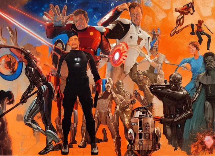 Prompt: a still from the movie avengers : infinty war and a still from the movie starwars of francis bacon and norman rockwell and james jean, and mark brooks, triadic color scheme, by greg rutkowski, syd mead and edward hopper and norman rockwell and beksinski, dark surrealism, orange and turquoise