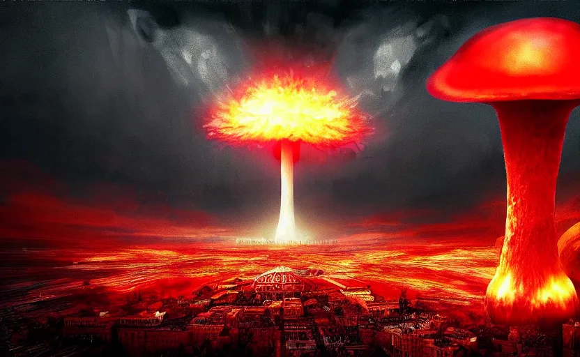 Prompt: nuclear explosion with nuclear mushroom in Red Square Kremlin, intricate, dark atmosphere, cinematic shot, extremely high detail, photo realistic, cinematic lighting, post processed, artstation, matte painting, smooth, sharp focus, illustration, elegant, fantasy