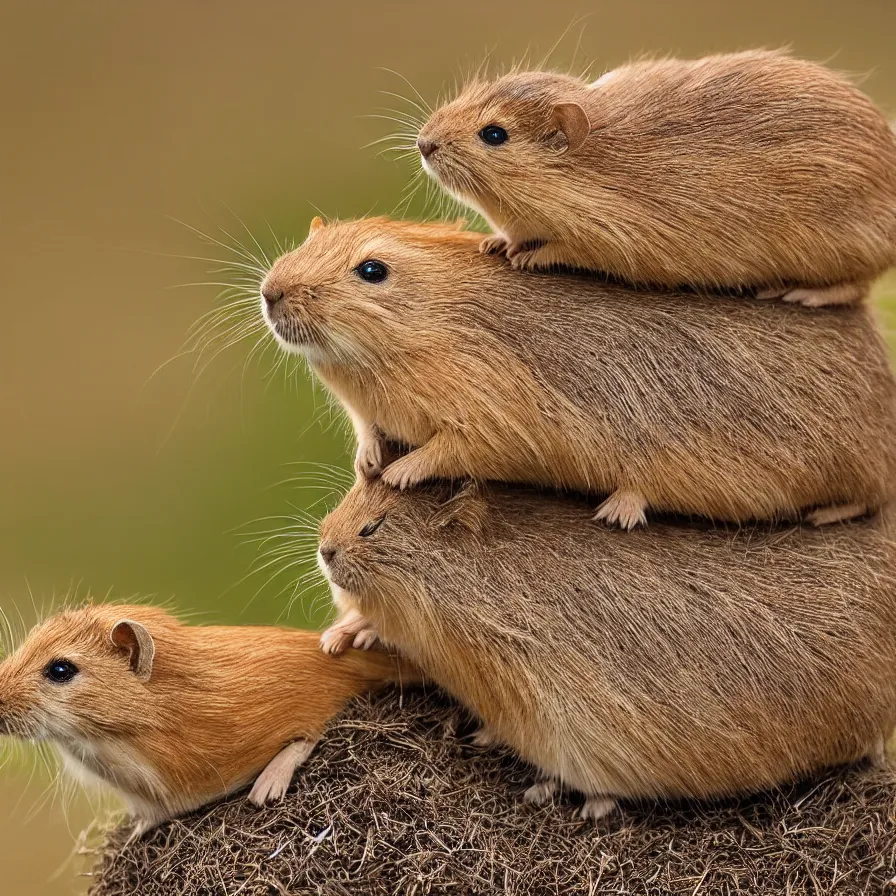 Image similar to a harvest mouse sitting on top of a cat sitting on top of a capybara, high definition, national geographic, award winning, god rays, 8k, 35mm wide angle photograph