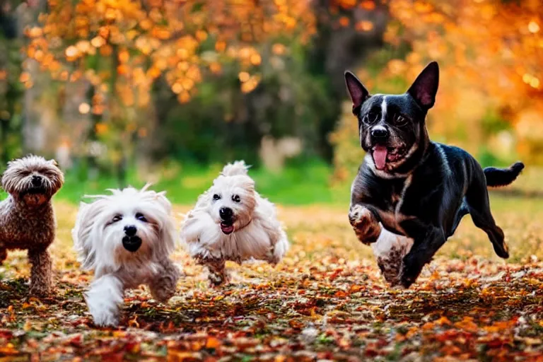 Prompt: dogs running through autumn leaves with motion blur towards the camera