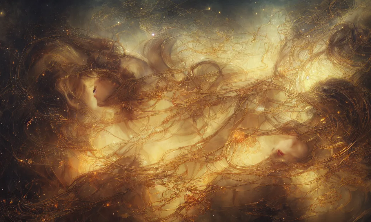 Prompt: breathtaking detailed painting of entangled golden art nouveau ribbons, by ayami kojima, ruan jia and brom, cosmos and nebulae sky with fireflies, 8 k, concept art, matte, sharp focus, rembrandt style