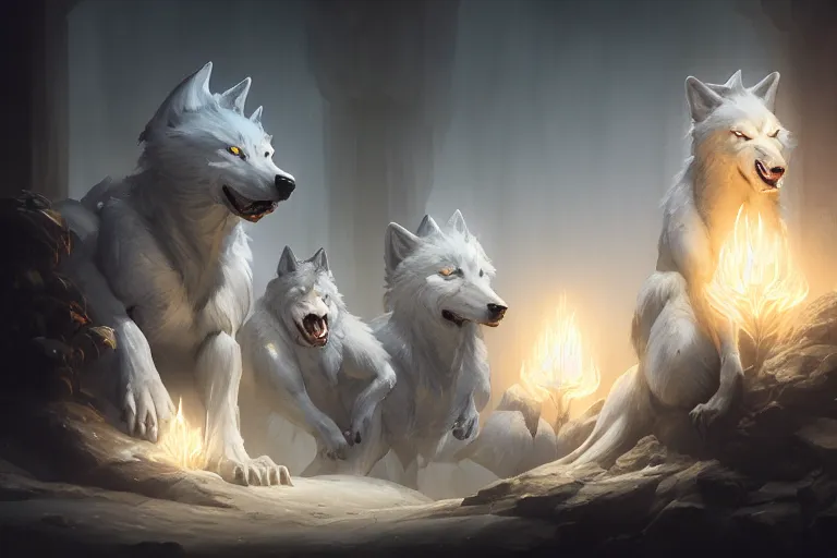 Prompt: white magical wolves made of magical electrical energy, painted by Bastien Lecouffe-Deharme and Cedric Peyravernay and Ken Barthelmey octane render, trending on artstation d&d characters, Frank Frazetta, 4k, 8k, HD