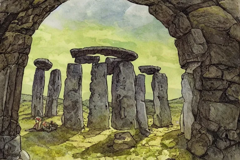 Image similar to a realistic and atmospheric watercolour fantasy concept art of a ufo landing in a tiny stonehenge. one dirty medieval monk in grey robes is pointing up at the ufo. muted colors. by rebecca guay, michael kaluta, charles vess and jean moebius giraud