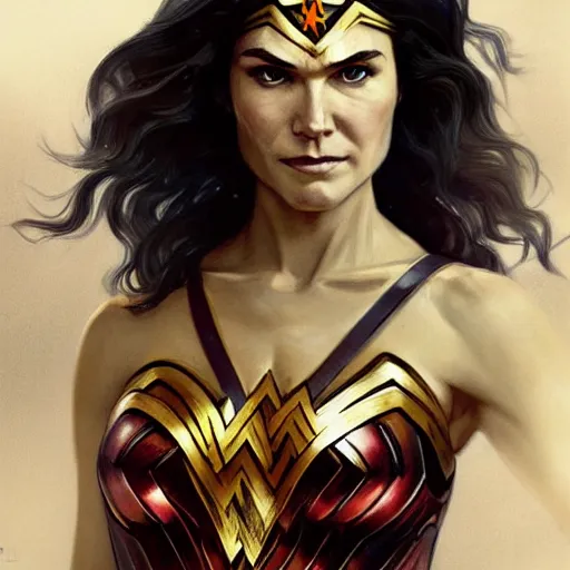 Prompt: portrait of Betsy Brandt as Wonder Woman, accurate, intricate, headshot, highly detailed, digital painting, artstation, concept art, sharp focus, illustration, art by artgerm and greg rutkowski and alphonse mucha