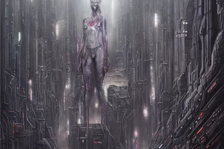 Image similar to highly detailed concept art of blade runner characters, dystopian post - apocalyptic retrofuturistic neon vibe, an ultrafine detailed painting by hans giger and wayne barlowe, trending on deviantart, pop surrealism, whimsical, lowbrow, perfect symmetrical face, sharp focus, octane, masterpiece