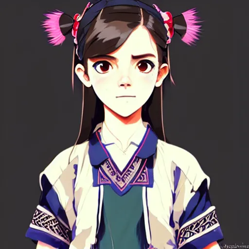 Prompt: a beautiful! boyish! emma watson alluring instagram model, wearing japanese hiphop school girl outfit with mayan pattern and native style, aztec street fashion, botw style, gapmoe yandere grimdark, trending on pixiv fanbox, painted by greg rutkowski makoto shinkai takashi takeuchi studio ghibli, akihiko yoshida