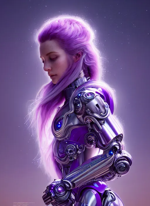 Image similar to a photorealistic detailed image of a beautiful stoic pale woman in sci - fi bionic armor with purple hair, detailed, intricate, elegant, highly detailed, digital painting, artstation, concept art, smooth, sharp focus, illustration, art by hana yata, artem demura, alphonse mucha, octane render, unreal engine, 8 k