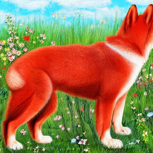 Image similar to a red akita inu wearing a kimono, in a field of flowers, highly detailed 4k digital painting