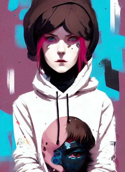 Prompt: highly detailed portrait of a urban punk lady student, blue eyes, hoodie, white hair by atey ghailan, by greg rutkowski, by greg tocchini, by james gilleard, by joe fenton, by kaethe butcher, gradient black, brown and pink color scheme, grunge aesthetic!!! ( ( graffiti tag wall background ) )