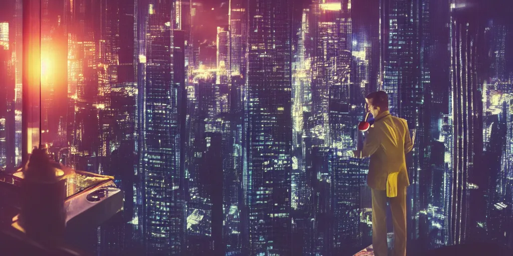 Prompt: a man holding a cocktail looking through the window of a skyscraper over looking a futuristic city, night, hyper realistic oil painting, cinematic lighting, depth of field, bokeh, blade runner