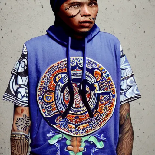 Image similar to crips gang member with batik bandana and parang rusak logo in their hood - realistic - photorealistic - hd - trending hood photos of the year - ilustrator - detailed - real clear