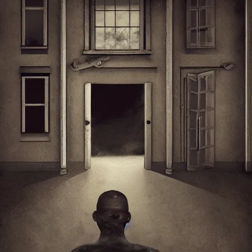Image similar to A surreal interpretation of guilt, sorrow, dread, pain, and disgust with a man screaming in an empty locked courtyard detailed creepy WWII styled fine art.
