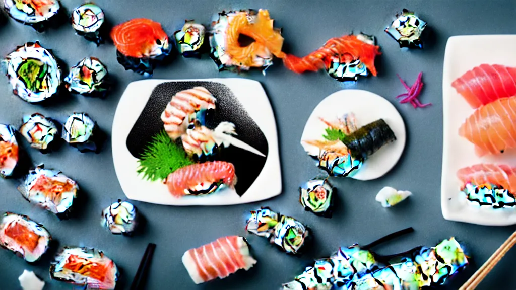 Prompt: an arrangement sushi on a white ceramic platteri, japan, a collage painting, in the style of wes anderson, lola dupre, david hockney, isolated on negative white space background dark monochrome neon spraypaint accents volumetric octane render