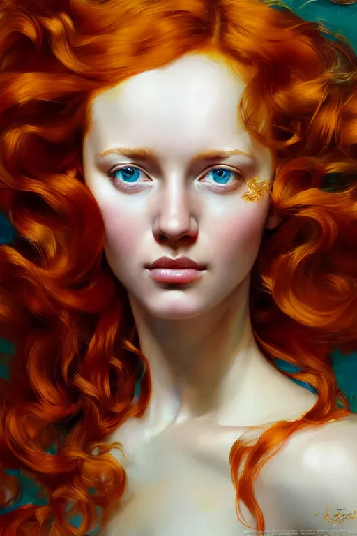 Image similar to hyper realistic painting portrait of a redhead girl with flowing curls and closed eyes, her skin is like gold and turquoise background, hyper detailed face by stjepan sejic, norman rockwell, michael hussar, roberto ferri and ruan jia