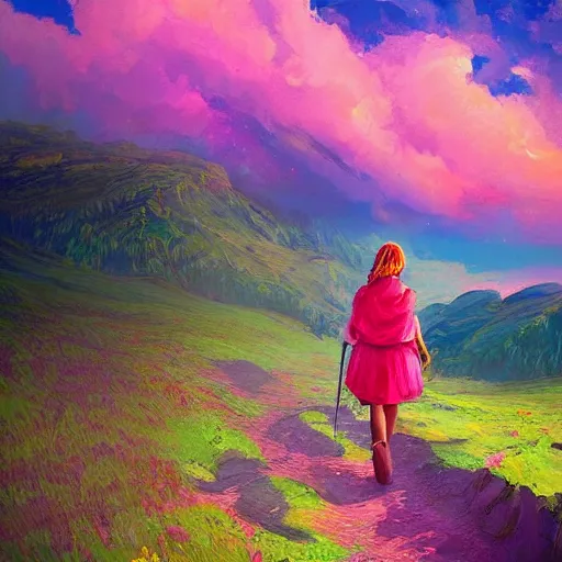 Image similar to giant carnation flower as a head, girl hiking in the mountains, surreal photography, sunrise, dramatic light, impressionist painting, colorful clouds, digital painting, artstation, simon stalenhag