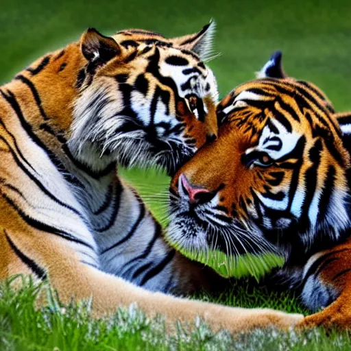 Image similar to a tiger cuddling with a house cat 4k, high detail, high-resolution photograph