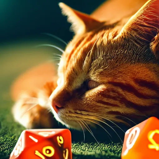 Prompt: realistic orange tabby cat lying in a sunbeam, the cat is next to a pile of D&D polyhedral dice, the cat is sleeping with closed eyes, eyes closed, award-winning photography, cozy, golden hour