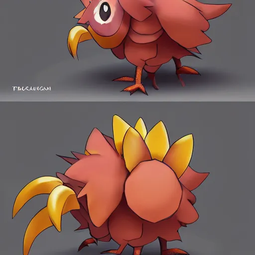 Image similar to A pokemon that looks like a rooster, The coconut shell wrapped around him,The rooster hides inside and sticks his head out to peek，Trending on art station. Unreal engine.