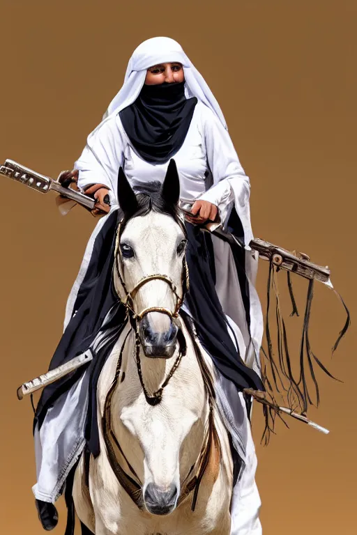 Prompt: hyperrealistic portrait from middle eastern burqa woman riding horse, with riffle in her chest, super highly detail, accurate boroque, without duplication content, white border frame, medium close up shot, justify content center, symmetrical, incrinate, cinematic, dust, award winning photos