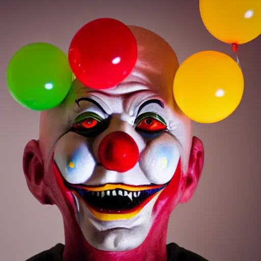 Prompt: creepy clown with colourful marbles and balloons, realistic, 8k, high quality, sharp