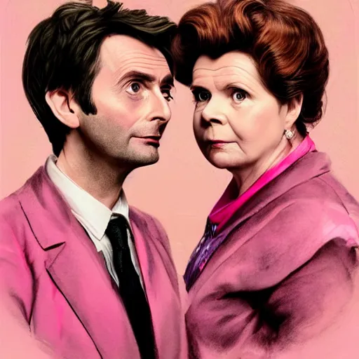 Image similar to david tennant and imelda staunton as dolores umbridge in pink clothes with the tenth doctor who, highly detailed, artstation, concept art, fantasy, smooth, sharp focus, illustration, perfect face, art by nikolay makovsky, jacek malczewski, arthur hughes, edward okun, franz xaver winterhalter