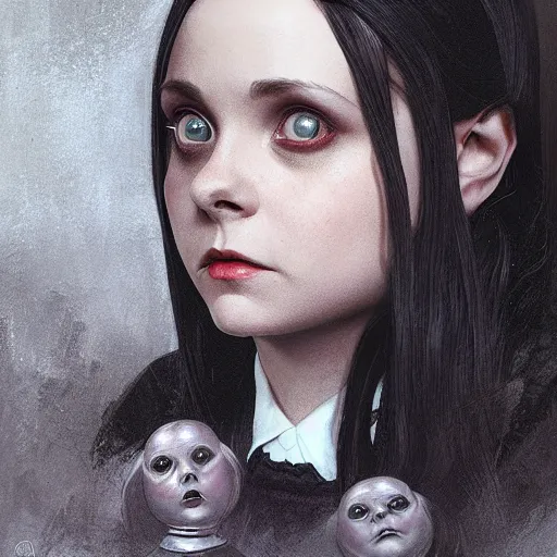 Image similar to Christina Ricci as Wednesday Addams, D&D, fantasy, intricate, cinematic lighting, highly detailed, digital painting, artstation, concept art, smooth, sharp focus, illustration, art by Artgerm and Greg Rutkowski and Alphonse Mucha