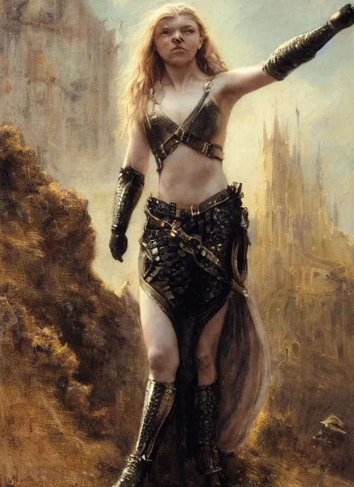 Image similar to natalie dormer wearing black medieval armour, bare legs, detailed, by gaston bussiere, bayard wu, greg rutkowski, giger, maxim verehin, greg rutkowski, masterpiece, sharp focus, cinematic lightning