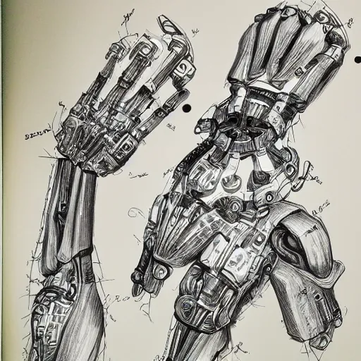 Image similar to intricate full page drawing concept of a mechanical human arm, technical design sheet, hyper detailed, ultra detailed technical precision, crumpled old paper