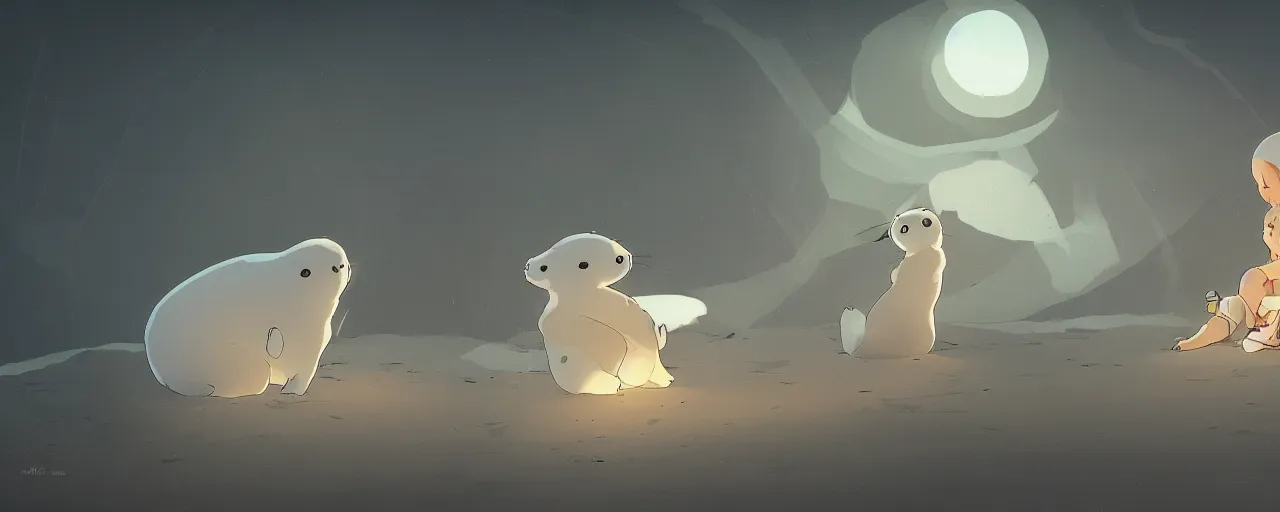 Image similar to a baby harp seal skeleton on the bank of a tropical river, atey ghailan, goro fujita, studio ghibli, rim light, dark lighting, clear focus, very coherent